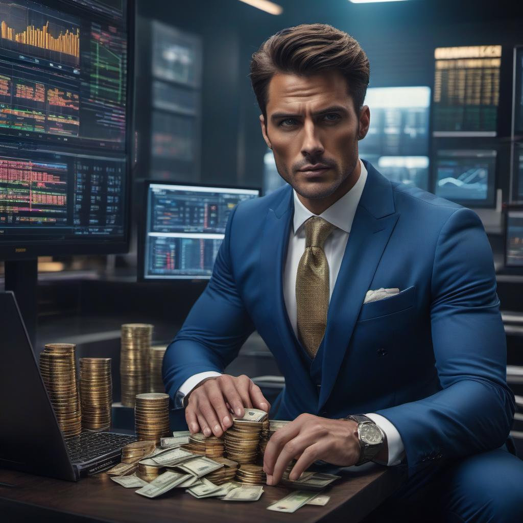  hyperrealistic art Draw a solid man trader in front of a laptop. He is wearing a blue suit, sitting on a fence. There are large monitors with graphs around him. Next to him there is a stack of money and a bar of gold. . extremely high resolution details, photographic, realism pushed to extreme, fine texture, incredibly lifelike hyperrealistic, full body, detailed clothing, highly detailed, cinematic lighting, stunningly beautiful, intricate, sharp focus, f/1. 8, 85mm, (centered image composition), (professionally color graded), ((bright soft diffused light)), volumetric fog, trending on instagram, trending on tumblr, HDR 4K, 8K