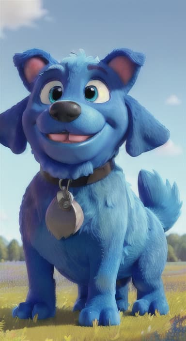  {A happy, big blue dog wagging its tail in a colorful meadow, The big blue dog is large with sky blue fur, big round eyes, a black nose, and floppy ears.