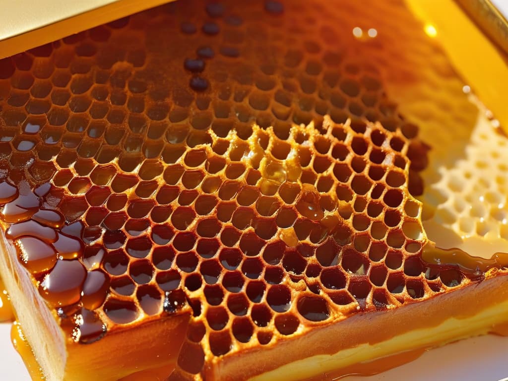  An ultradetailed closeup image of a golden honeycomb dripping with rich, ambercolored honey. The intricate hexagonal cells glisten with sweetness, capturing the essence of natural beauty and the pure, unadulterated goodness of beeproduced honey. The image conveys a sense of richness and indulgence, inviting the viewer to explore the world of innovative baking with the addition of this exquisite ingredient. hyperrealistic, full body, detailed clothing, highly detailed, cinematic lighting, stunningly beautiful, intricate, sharp focus, f/1. 8, 85mm, (centered image composition), (professionally color graded), ((bright soft diffused light)), volumetric fog, trending on instagram, trending on tumblr, HDR 4K, 8K