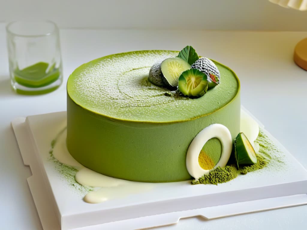  A closeup, ultradetailed image of a delicate green teainfused matcha cake, perfectly baked and elegantly decorated with a dusting of vibrant matcha powder on top, showcasing intricate layers of sponge and cream, set on a sleek, minimalist white plate. The cake exudes a sense of precision and artistry, with each detail and texture highlighted in stunning clarity, inviting the viewer to savor the harmonious blend of flavor and aesthetics in every slice. hyperrealistic, full body, detailed clothing, highly detailed, cinematic lighting, stunningly beautiful, intricate, sharp focus, f/1. 8, 85mm, (centered image composition), (professionally color graded), ((bright soft diffused light)), volumetric fog, trending on instagram, trending on tumblr, HDR 4K, 8K