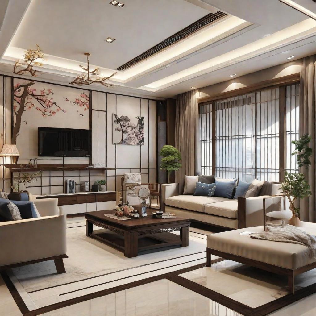  masterpiece, best quality,Japanese style living room with detailed interior decoration drawings,