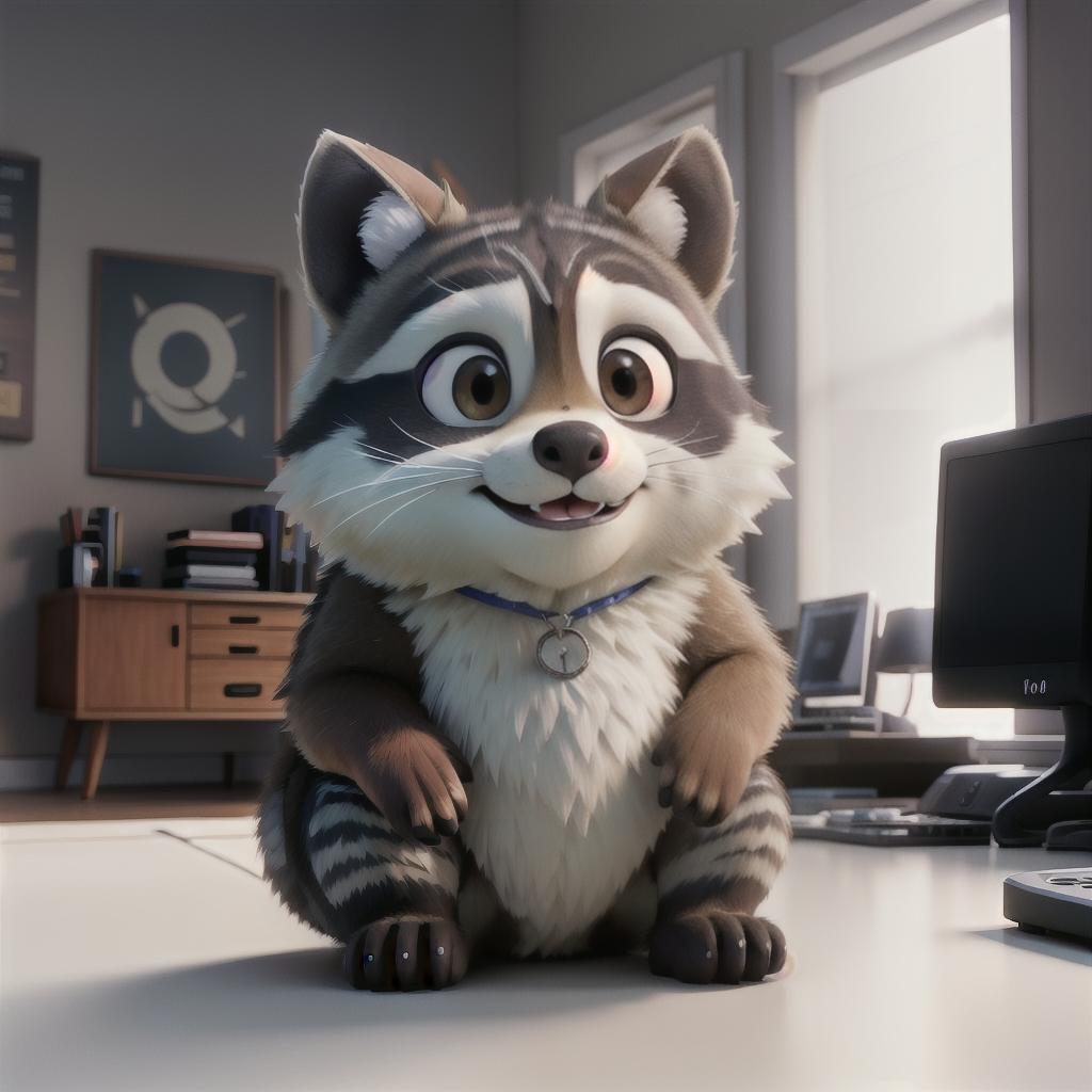  raccoon sitting in gaming chair front a computer on desktop, ((semi anthropomorphic)),(full body), tail, belly, sitting, fat, (chubby), (((white background))), solo, desktop, gaming chair, side view,  [[[clothes]]] hyperrealistic, full body, detailed clothing, highly detailed, cinematic lighting, stunningly beautiful, intricate, sharp focus, f/1. 8, 85mm, (centered image composition), (professionally color graded), ((bright soft diffused light)), volumetric fog, trending on instagram, trending on tumblr, HDR 4K, 8K