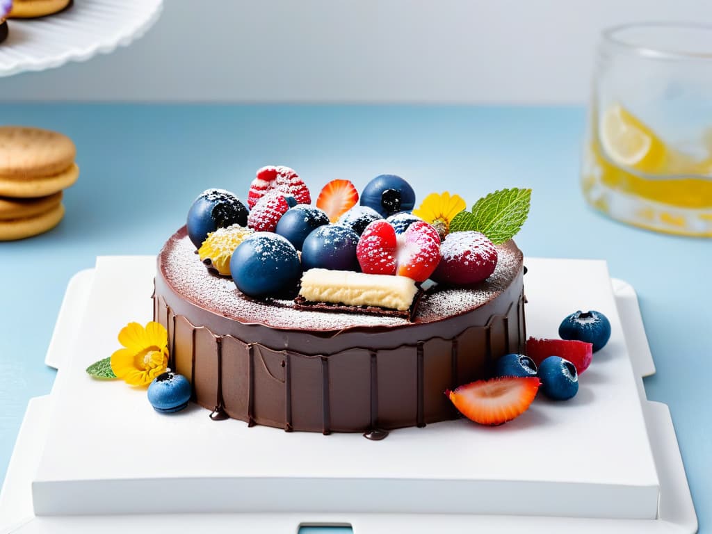  A highresolution image of a beautifully arranged assortment of glutenfree pastries and desserts on a sleek, modern white platter. The selection includes a decadent flourless chocolate cake topped with fresh berries, delicate glutenfree macarons in pastel colors, and a stack of golden glutenfree almond biscotti. The pastries are artfully garnished with edible flowers and mint leaves, creating a visually stunning and appetizing display that perfectly complements the theme of the article. hyperrealistic, full body, detailed clothing, highly detailed, cinematic lighting, stunningly beautiful, intricate, sharp focus, f/1. 8, 85mm, (centered image composition), (professionally color graded), ((bright soft diffused light)), volumetric fog, trending on instagram, trending on tumblr, HDR 4K, 8K