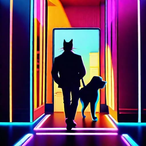  a cat with dog A stylish young GenZ man in Retro fashion outfit walking out of retro closet, Neon lighting, Pixar 3d design, 3D animation, unreal engine, epic lighting, 3D, in the style of rhads, disney animation, 32k uhd