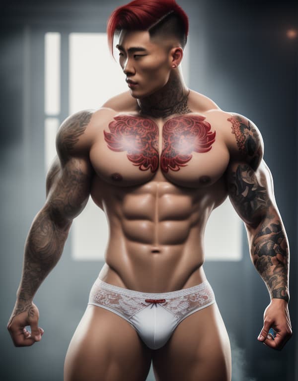  muscle, tattooed Chinese beautiful boy with white lace and red hair, lifting his in hill， whole dorsal body，red chest hair hyperrealistic, full body, detailed clothing, highly detailed, cinematic lighting, stunningly beautiful, intricate, sharp focus, f/1. 8, 85mm, (centered image composition), (professionally color graded), ((bright soft diffused light)), volumetric fog, trending on instagram, trending on tumblr, HDR 4K, 8K