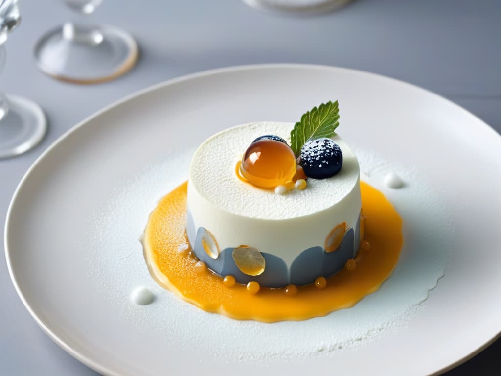  An ultradetailed closeup image of a delicate molecular gastronomy dessert on a sleek, minimalist plate. The dessert features intricate layers of transparent gel, airy foams, and perfectly spherical droplets, showcasing a balance of sweet, sour, and savory flavors. The lighting is soft, emphasizing the glossy textures and vibrant colors of the dessert components, creating a visually stunning and appetizing composition. hyperrealistic, full body, detailed clothing, highly detailed, cinematic lighting, stunningly beautiful, intricate, sharp focus, f/1. 8, 85mm, (centered image composition), (professionally color graded), ((bright soft diffused light)), volumetric fog, trending on instagram, trending on tumblr, HDR 4K, 8K