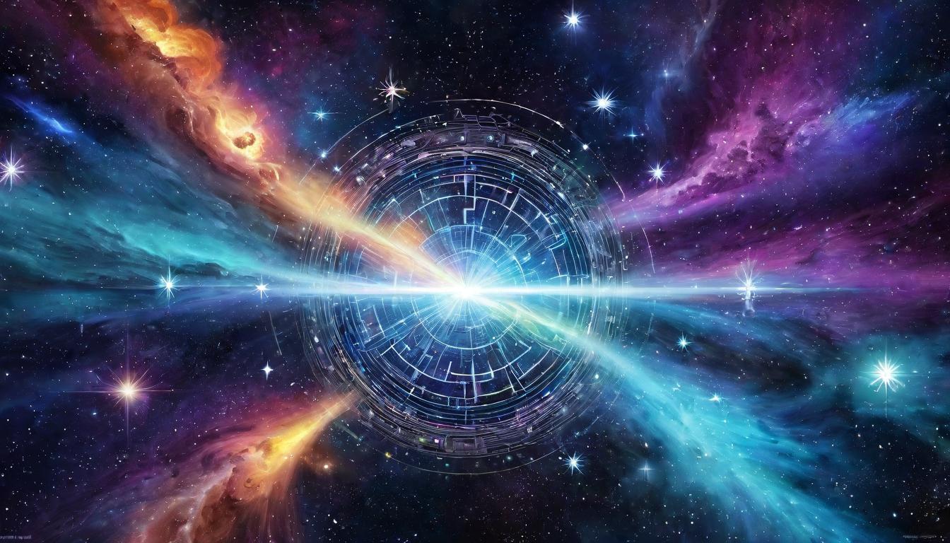  digital illustration Cosmic energy forming an intricate network, aligning stars into a pattern that spells 'healer', cosmic arrangement, synchronized destiny looking at viewer, dynamic pose, (intricate details, masterpiece, best quality)