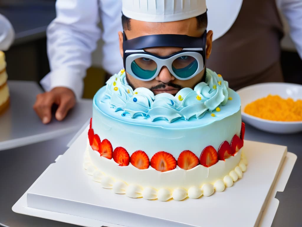  A closeup, highresolution image of a student in a chef's uniform, intensely focused on decorating a beautifully intricate cake using augmented reality glasses. The background is blurred to emphasize the student's concentration and the futuristic technology aiding in the pastry decoration process. The image showcases a seamless blend of traditional pastry skills with cuttingedge augmented reality tools, symbolizing the transformative impact of AR technology on culinary education. hyperrealistic, full body, detailed clothing, highly detailed, cinematic lighting, stunningly beautiful, intricate, sharp focus, f/1. 8, 85mm, (centered image composition), (professionally color graded), ((bright soft diffused light)), volumetric fog, trending on instagram, trending on tumblr, HDR 4K, 8K