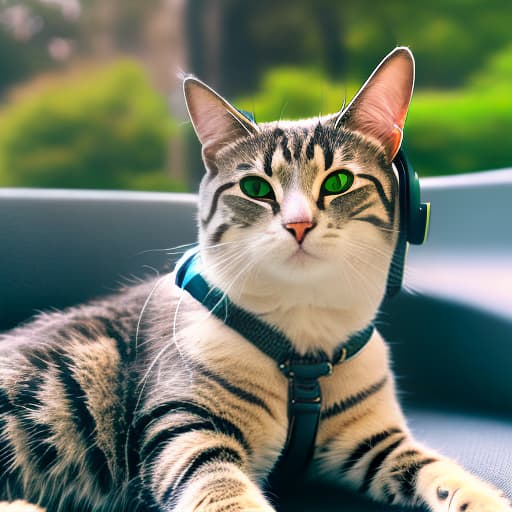 nvinkpunk Realistic image of a cat wearing headphones and reading glasses while riding a bus. hyperrealistic, full body, detailed clothing, highly detailed, cinematic lighting, stunningly beautiful, intricate, sharp focus, f/1. 8, 85mm, (centered image composition), (professionally color graded), ((bright soft diffused light)), volumetric fog, trending on instagram, trending on tumblr, HDR 4K, 8K