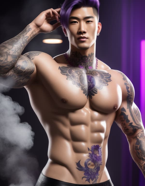  muscle, tattooed Chinese beautiful boy with purple lace and purple hair in river， whole dorsal body，chest hair hyperrealistic, full body, detailed clothing, highly detailed, cinematic lighting, stunningly beautiful, intricate, sharp focus, f/1. 8, 85mm, (centered image composition), (professionally color graded), ((bright soft diffused light)), volumetric fog, trending on instagram, trending on tumblr, HDR 4K, 8K
