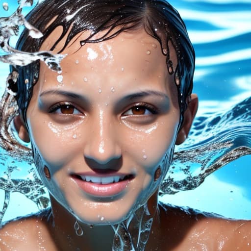  tanned woman's face with short hair drowning in water a lot of water waves and splashes around