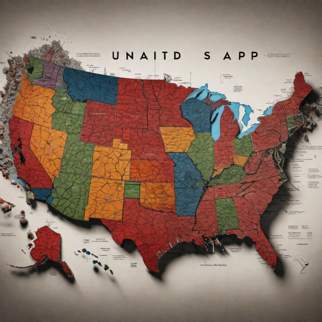  A symbolic image of the United States falling apart. The map of the USA should be shown disintegrating or breaking into multiple pieces. Each fragment can have unique colors and patterns to emphasize the sense of division and turmoil. The image should clearly convey the concept of the country falling apart while keeping the geography recognizable. hyperrealistic, full body, detailed clothing, highly detailed, cinematic lighting, stunningly beautiful, intricate, sharp focus, f/1. 8, 85mm, (centered image composition), (professionally color graded), ((bright soft diffused light)), volumetric fog, trending on instagram, trending on tumblr, HDR 4K, 8K