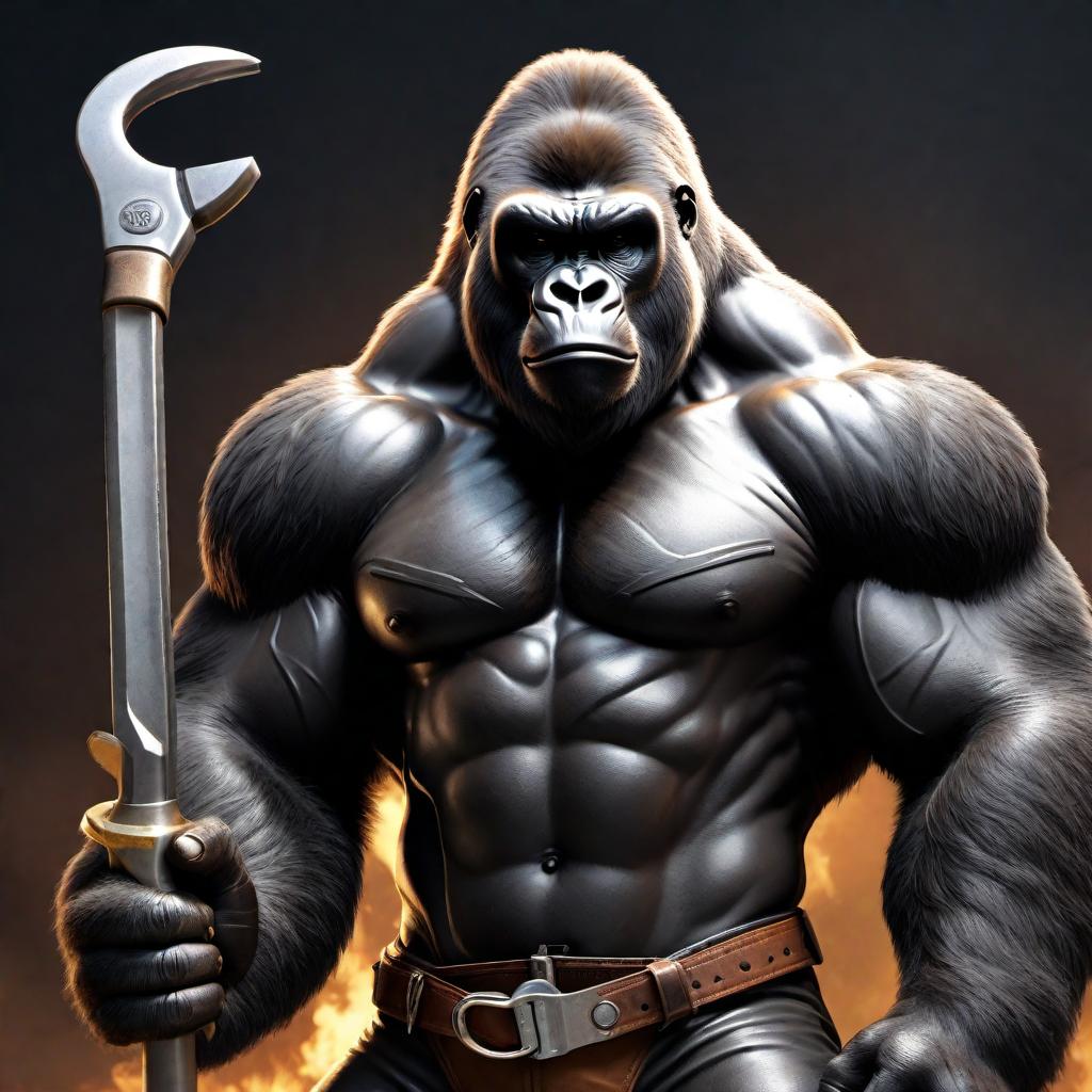  A mean gorilla holding a wrench in a fierce and intimidating manner. The gorilla should appear strong and dominant, with a determined expression on its face. The wrench should be prominently displayed in its hand, adding a mechanical element to the scene. The background should be simple to highlight the gorilla and the wrench. hyperrealistic, full body, detailed clothing, highly detailed, cinematic lighting, stunningly beautiful, intricate, sharp focus, f/1. 8, 85mm, (centered image composition), (professionally color graded), ((bright soft diffused light)), volumetric fog, trending on instagram, trending on tumblr, HDR 4K, 8K