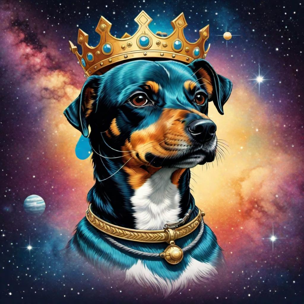  An illustrated portrait, head of jalil dog in space wearing a crown, greek column background, Beautiful colors, pencil sketches, Vector illustration, Cel shaded, Flat, 2D, style of dan matutina, In the style of studio ghibli, Art by Hiroshi Saitō, bold lines, Bold the drawing lines, Amazing details, highly detailed, high quality