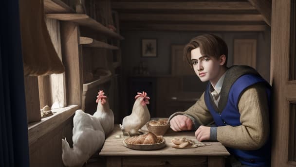  masterpiece, best quality, a boy in his room, sitting on his bed, medieval period, chickens, a goat and a pig, straw, wooden furniture, straw, table with bread and cold meats hyper réaliste, 4K, haute définition