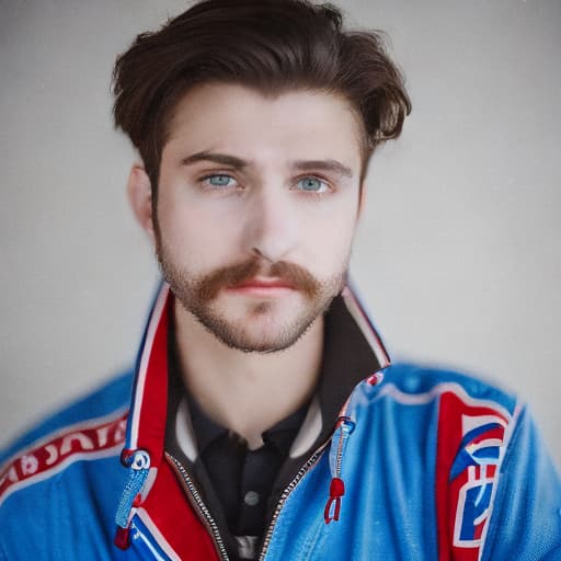 portrait+ style Russian queer impression performer brunette hunk dude face