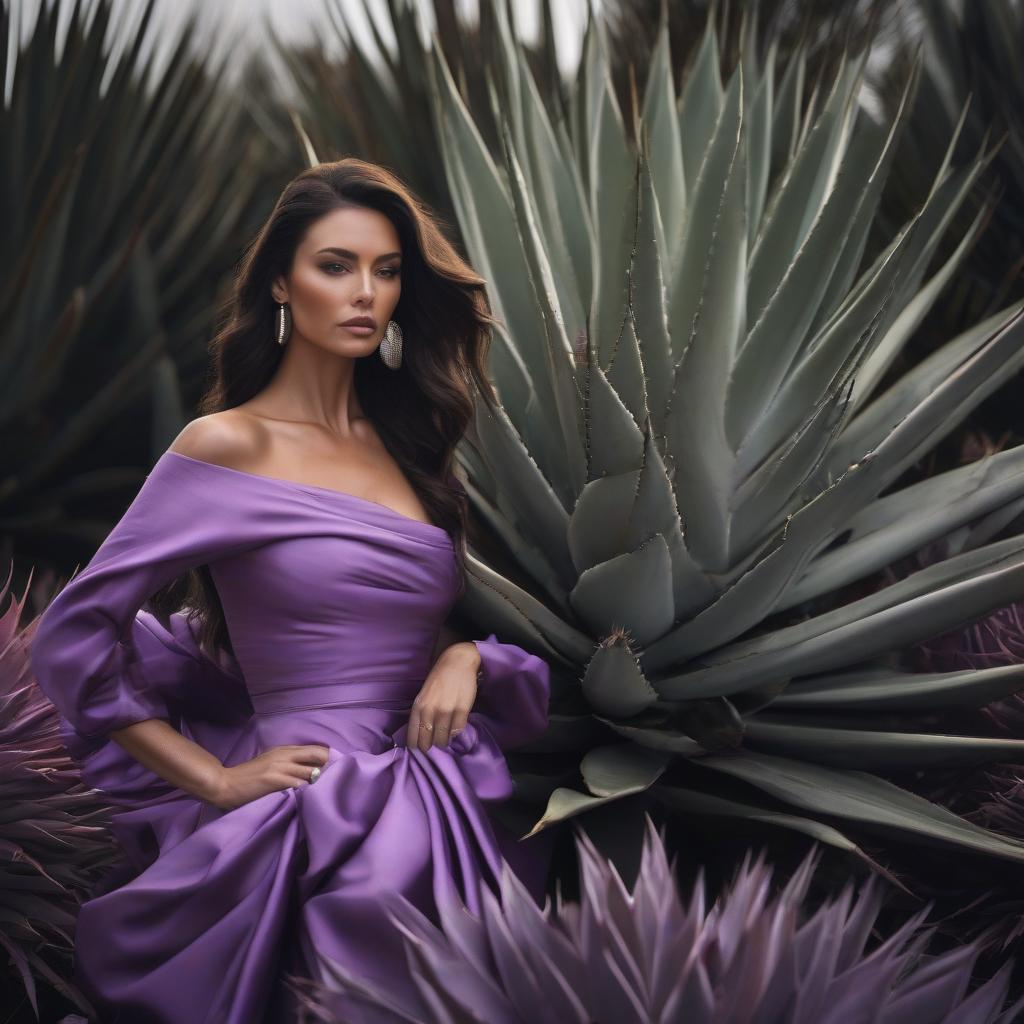  "Sad beauty in a violet dress with an agave plant" hyperrealistic, full body, detailed clothing, highly detailed, cinematic lighting, stunningly beautiful, intricate, sharp focus, f/1. 8, 85mm, (centered image composition), (professionally color graded), ((bright soft diffused light)), volumetric fog, trending on instagram, trending on tumblr, HDR 4K, 8K