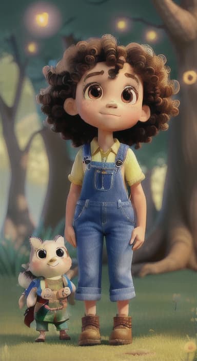  {The tree shining brightly and releasing a gentle, magical light., Riley, a curious with big brown eyes and curly hair, wearing overalls and carrying a small backpack. Their friend, Skye, a bluebird with shiny feathers.