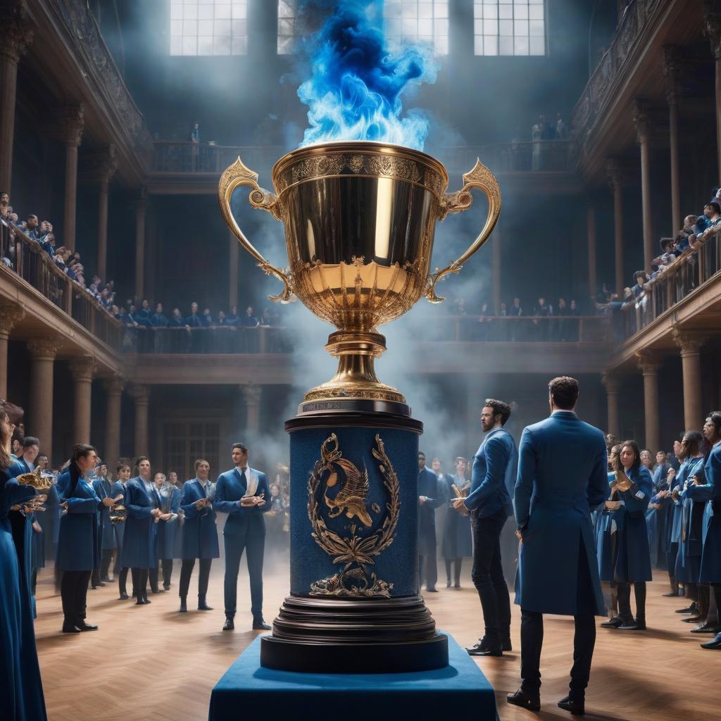  A huge hall with students, and in the middle stands a trophy cup with a blue flame. High resolution. hyperrealistic, full body, detailed clothing, highly detailed, cinematic lighting, stunningly beautiful, intricate, sharp focus, f/1. 8, 85mm, (centered image composition), (professionally color graded), ((bright soft diffused light)), volumetric fog, trending on instagram, trending on tumblr, HDR 4K, 8K