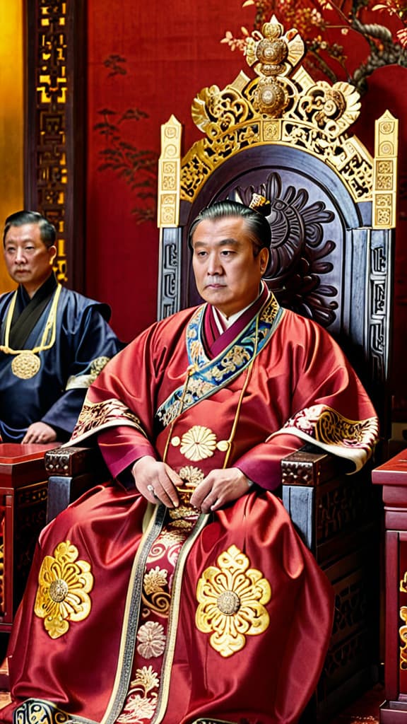  Confused Emperor Lu on throne, looking confused, rubbing his head in confusion, advisors encircling, in his richly adorned robe, thoughtful, middle-aged, Asian, Hand on chin, puzzled, Surrounded by advisors in traditional attire, Regal throne room, Ancient China, Warm interior hues, gold accents, Wide shot, throne focus, Even, warm indoor lighting, by Photographer Ruben Wu Style