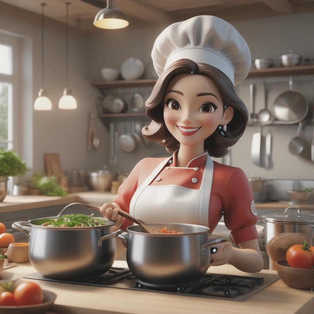  professional 3d model A girl, a cook, a kitchen, a recipe, with a pot in her hands, at the center, smiling, good, kind, background transparent. . octane render, highly detailed, volumetric, dramatic lighting hyperrealistic, full body, detailed clothing, highly detailed, cinematic lighting, stunningly beautiful, intricate, sharp focus, f/1. 8, 85mm, (centered image composition), (professionally color graded), ((bright soft diffused light)), volumetric fog, trending on instagram, trending on tumblr, HDR 4K, 8K