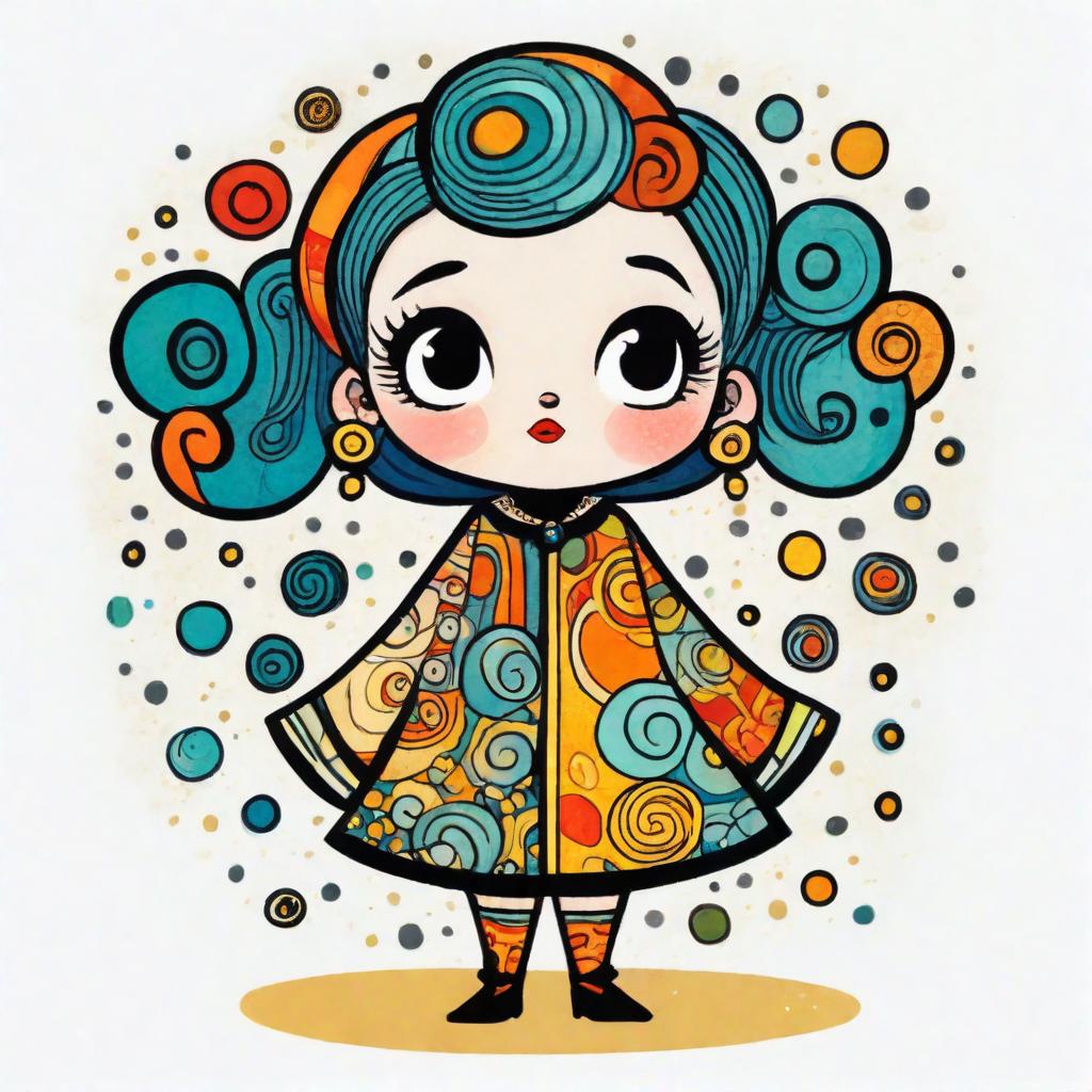  1 girl, tiny, chibi, colored,  inked retro comic, pop surrealism, white background, ((solo, centered)), full body, dynamic pose, perfectly hand drawn by gustav klimt,