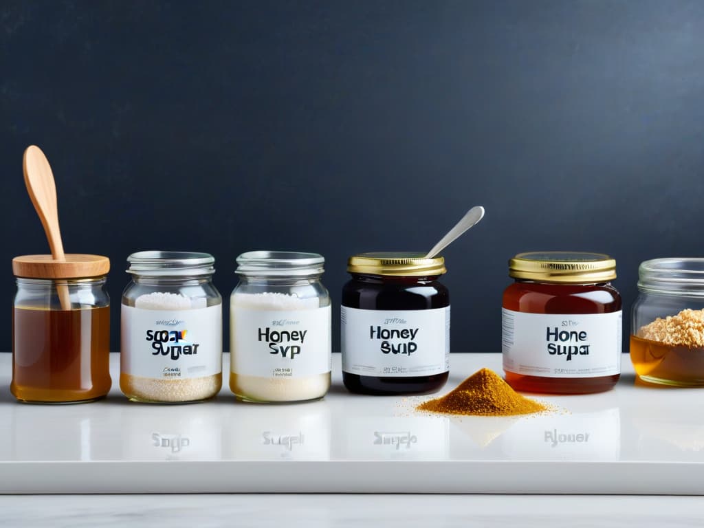  A highresolution, ultradetailed image featuring a sidebyside comparison of refined white sugar and natural sugar alternatives like honey, maple syrup, and coconut sugar, beautifully arranged in small glass jars on a sleek, modern countertop. The focus is on the texture and color differences of the various sugars, highlighting their natural origins and inviting the viewer to consider healthier baking options. hyperrealistic, full body, detailed clothing, highly detailed, cinematic lighting, stunningly beautiful, intricate, sharp focus, f/1. 8, 85mm, (centered image composition), (professionally color graded), ((bright soft diffused light)), volumetric fog, trending on instagram, trending on tumblr, HDR 4K, 8K