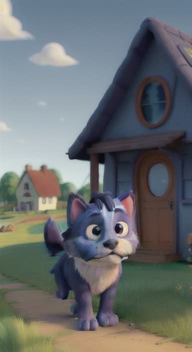  {Max walking back towards the cozy little house with droopy eyes, as twilight falls, The big blue dog is large with sky blue fur, big round eyes, a black nose, and floppy ears.