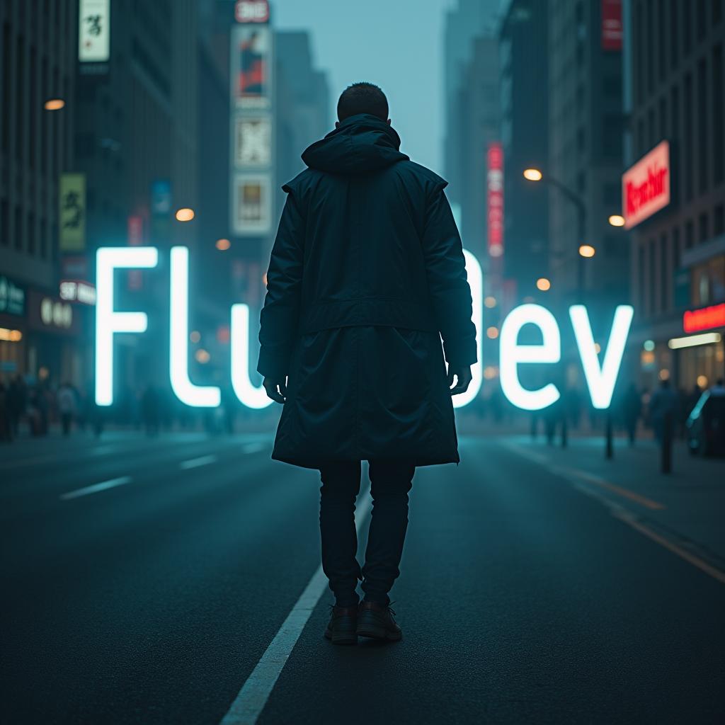  text logo of flux dev, modern, futuristic hyperrealistic, full body, detailed clothing, highly detailed, cinematic lighting, stunningly beautiful, intricate, sharp focus, f/1. 8, 85mm, (centered image composition), (professionally color graded), ((bright soft diffused light)), volumetric fog, trending on instagram, trending on tumblr, HDR 4K, 8K