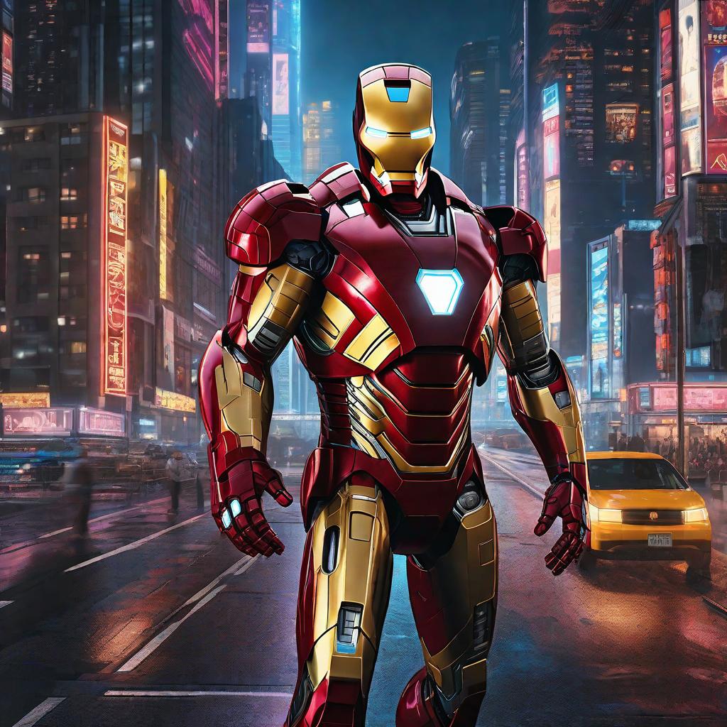  masterpiece, best quality, masterpiece, 8k resolution, realistic, highly detailed, Iron Man close-up. He stands on a street lined with tall buildings in a cyberpunk style city at night. The city's night lights are bright, and the surrounding buildings and streets are full of cyberpunk elements such as neon lights, high-tech equipment and futuristic architectural design.