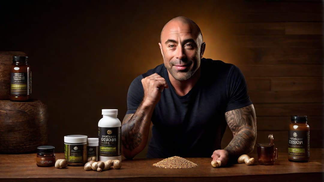 Create an image that depicts Joe Rogan promoting and using a mushroom supplement, capturing the natural and holistic essence of the product. hyperrealistic, full body, detailed clothing, highly detailed, cinematic lighting, stunningly beautiful, intricate, sharp focus, f/1. 8, 85mm, (centered image composition), (professionally color graded), ((bright soft diffused light)), volumetric fog, trending on instagram, trending on tumblr, HDR 4K, 8K