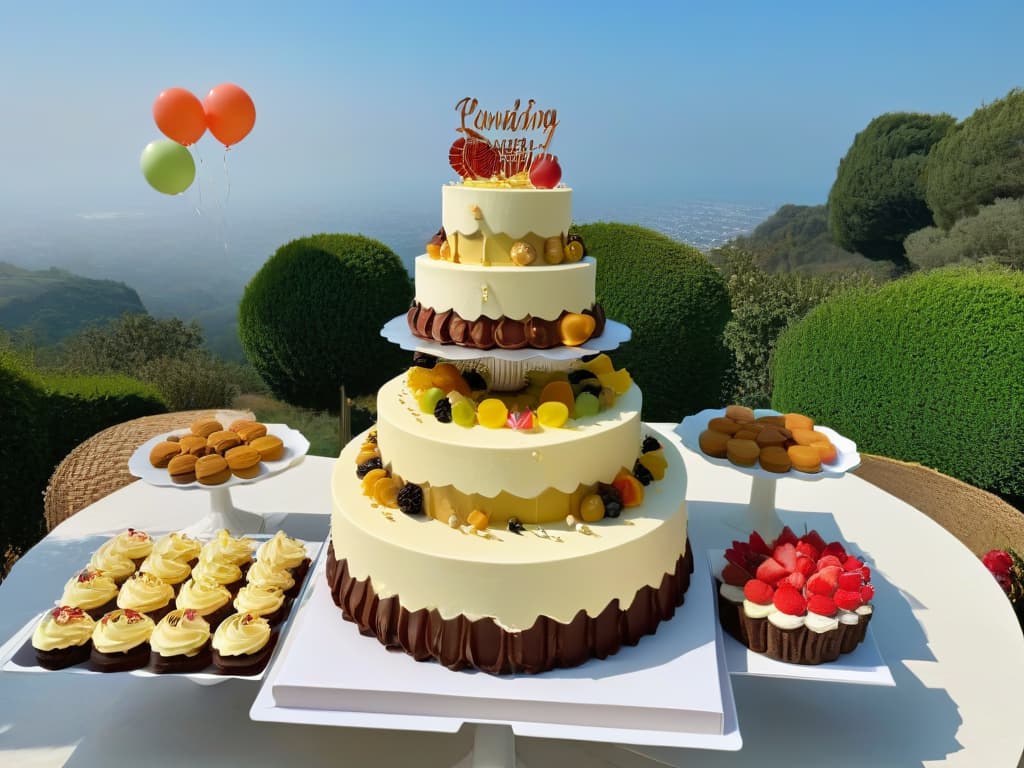  A photorealistic image of a stunning dessert table at a themed party, featuring an array of intricately decorated cakes, cupcakes, and pastries. The table is adorned with colorful decorations that match the theme of the party, such as balloons, streamers, and themed centerpieces. The desserts are beautifully presented on elegant cake stands and platters, with each treat meticulously crafted and visually appealing. The lighting is soft and warm, highlighting the textures and details of the delicious sweets, creating a mouthwatering and inviting scene for any themed celebration. hyperrealistic, full body, detailed clothing, highly detailed, cinematic lighting, stunningly beautiful, intricate, sharp focus, f/1. 8, 85mm, (centered image composition), (professionally color graded), ((bright soft diffused light)), volumetric fog, trending on instagram, trending on tumblr, HDR 4K, 8K