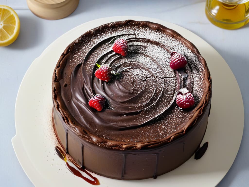  A highresolution closeup image of a decadent chocolate olive oil cake, showcasing the rich, moist texture and glossy finish. The cake is elegantly decorated with a dusting of powdered sugar, a sprinkle of cocoa nibs, and a few fresh raspberries on top. The minimalistic styling highlights the intricate swirls and imperfections of the cake, making it a visually stunning and appetizing image that perfectly complements the article on reinventing classic recipes with olive oil. hyperrealistic, full body, detailed clothing, highly detailed, cinematic lighting, stunningly beautiful, intricate, sharp focus, f/1. 8, 85mm, (centered image composition), (professionally color graded), ((bright soft diffused light)), volumetric fog, trending on instagram, trending on tumblr, HDR 4K, 8K