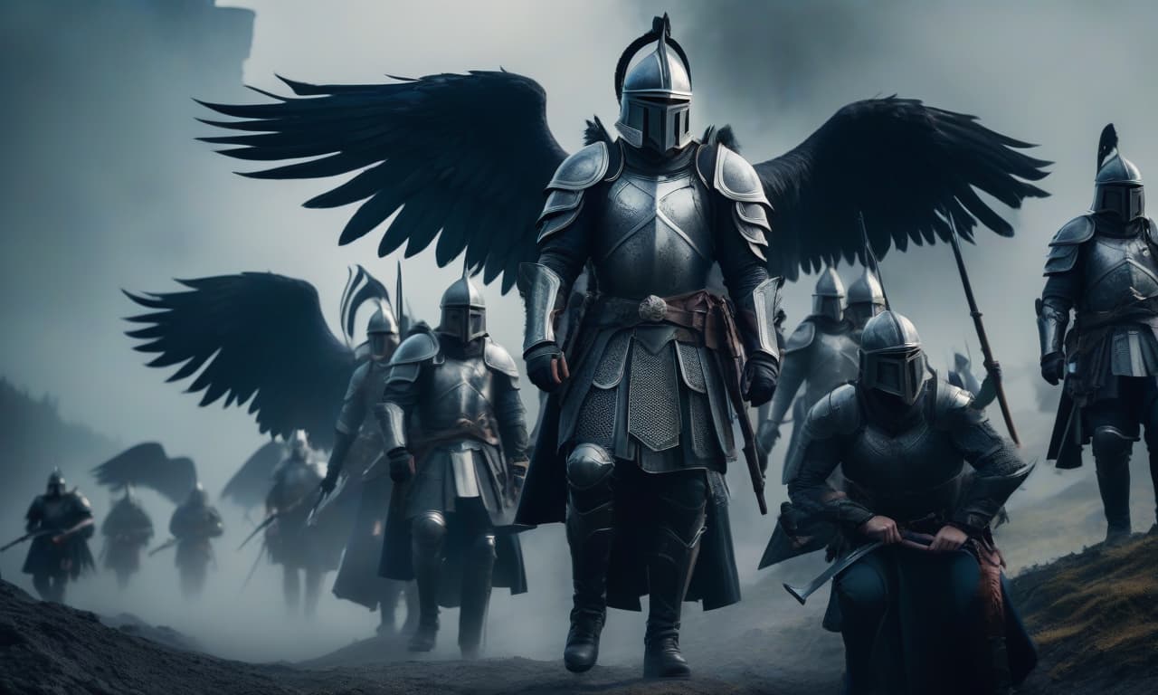  The Army of Nilfgaard with black wings on helmets. hyperrealistic, full body, detailed clothing, highly detailed, cinematic lighting, stunningly beautiful, intricate, sharp focus, f/1. 8, 85mm, (centered image composition), (professionally color graded), ((bright soft diffused light)), volumetric fog, trending on instagram, trending on tumblr, HDR 4K, 8K