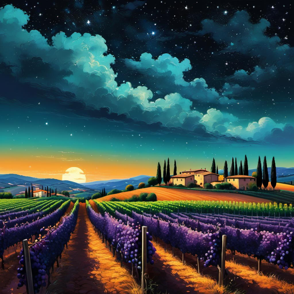  Vineyards in Tuscany, starry sky, clouds, vivid, highly detailed, by Hayao Miyazaki, hand-drawn, Midnight, whimsical, (enchanting atmosphere:1.1), warm lighting , depth of field, Wacom Cintiq, Adobe Photoshop, 300 DPI, (hdr:1.2), dark perple shadows, (teal and orange:0.3)