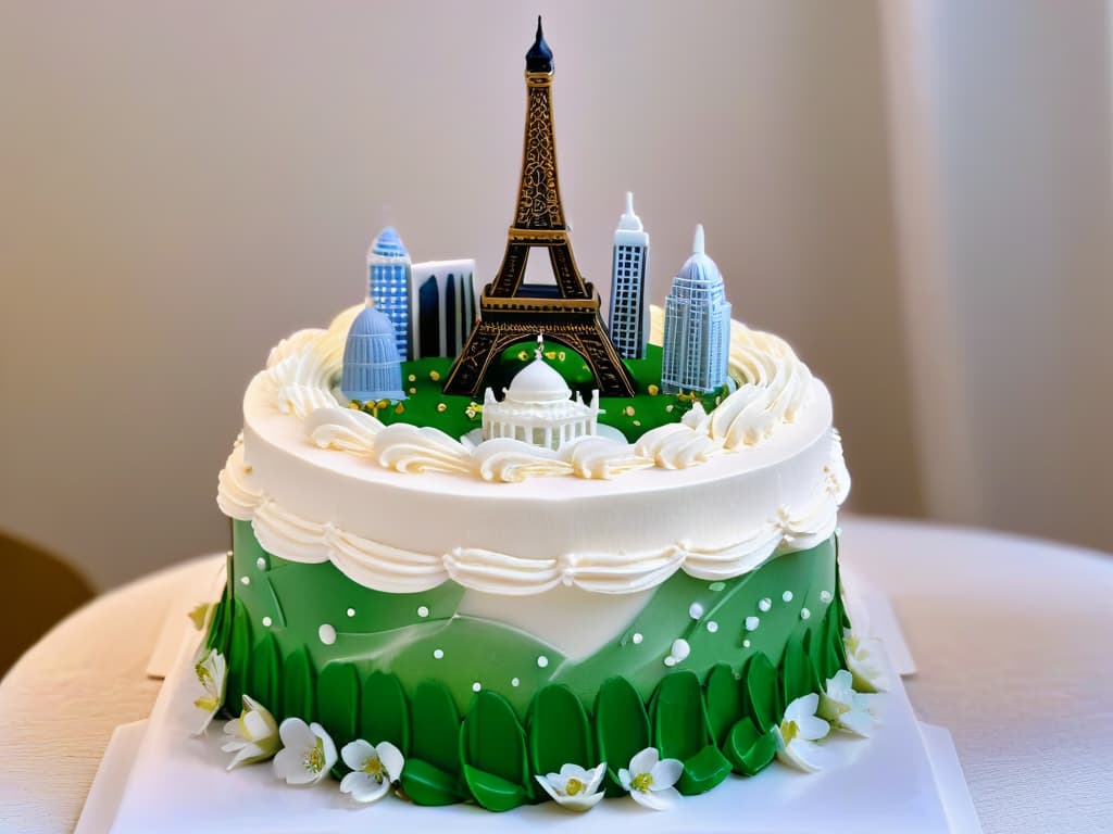  A closeup, highresolution image of a delicate, intricately designed cake decorated with international influences such as miniature Eiffel Towers, cherry blossoms, and miniature sugar replicas of famous landmarks like the Taj Mahal. The cake should be displayed on a simple, pristine white cake stand against a soft, blurred background to emphasize the detailed decorations and the artistry involved in international pastry competitions. hyperrealistic, full body, detailed clothing, highly detailed, cinematic lighting, stunningly beautiful, intricate, sharp focus, f/1. 8, 85mm, (centered image composition), (professionally color graded), ((bright soft diffused light)), volumetric fog, trending on instagram, trending on tumblr, HDR 4K, 8K