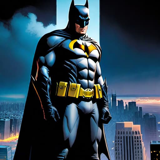  American style (modern) comic about batman , digital color comicbook style, Batman standing on top of a tall building looking down at the city below.. hyperrealistic, full body, detailed clothing, highly detailed, cinematic lighting, stunningly beautiful, intricate, sharp focus, f/1. 8, 85mm, (centered image composition), (professionally color graded), ((bright soft diffused light)), volumetric fog, trending on instagram, trending on tumblr, HDR 4K, 8K