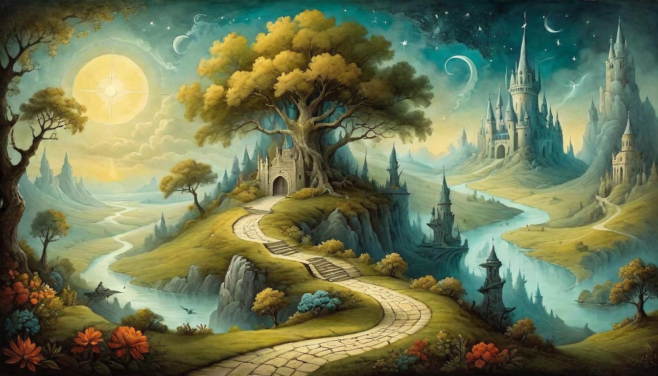  on parchment, surrealism+++, A radiant path, each step glowing, journey filled with victorious milestones(mysterious, provocative, symbolic,muted color)+++