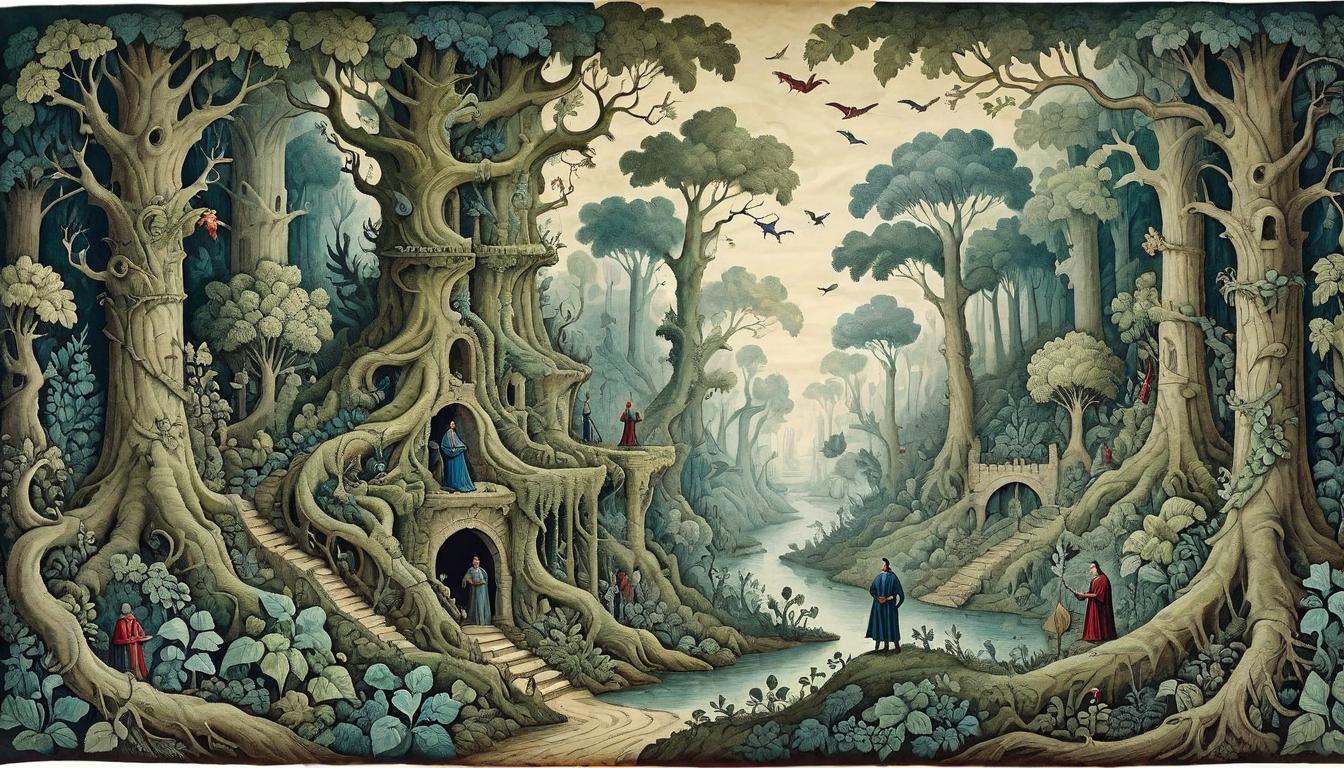  on parchment, surrealism+++, An intricate tapestry depicting a dense forest with strong, unbreakable vines overcoming shadowy figures, fortification of moral fabric, verdant resilience(mysterious, provocative, symbolic,muted color)+++