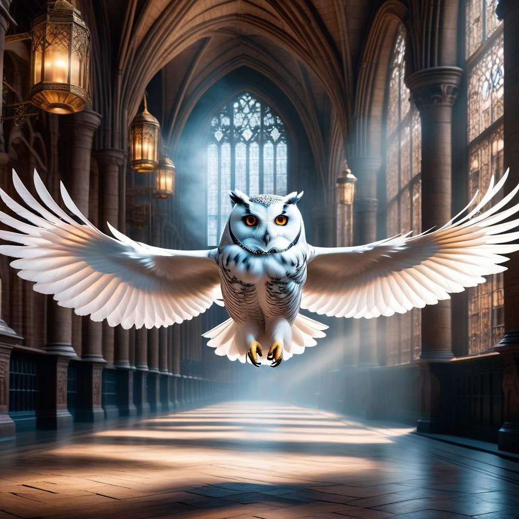  A white owl from Hogwarts flies with an envelope. The envelope with a seal is held in its claws. The school is in the background. hyperrealistic, full body, detailed clothing, highly detailed, cinematic lighting, stunningly beautiful, intricate, sharp focus, f/1. 8, 85mm, (centered image composition), (professionally color graded), ((bright soft diffused light)), volumetric fog, trending on instagram, trending on tumblr, HDR 4K, 8K