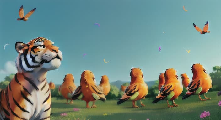  {The tiger is looking up at a flock of colorful birds flying away., The birds have bright feathers and are fluttering about.