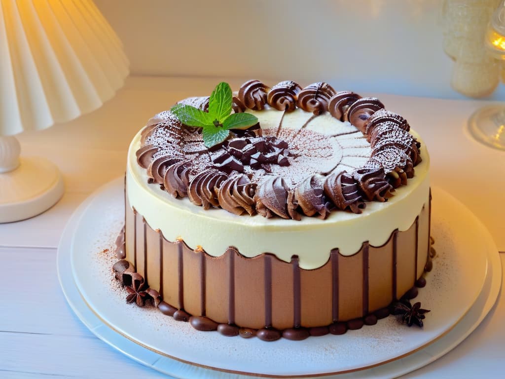  A photorealistic image of a beautifully decorated Tiramisu cake, showcasing intricate layers of coffeesoaked sponge cake, creamy mascarpone cheese filling, and a dusting of cocoa powder on top. The dessert is elegantly presented on a vintage Italian ceramic plate, surrounded by fresh mint leaves and a sprinkle of chocolate shavings. The lighting highlights the textures of the dessert, making it look irresistibly decadent and inviting. hyperrealistic, full body, detailed clothing, highly detailed, cinematic lighting, stunningly beautiful, intricate, sharp focus, f/1. 8, 85mm, (centered image composition), (professionally color graded), ((bright soft diffused light)), volumetric fog, trending on instagram, trending on tumblr, HDR 4K, 8K