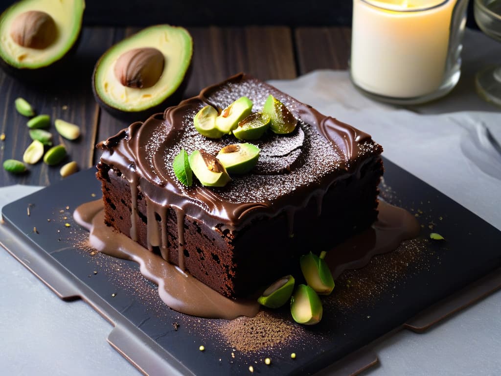  A minimalist, highresolution image depicting a perfectly sliced vegan chocolate avocado brownie on a sleek, matte black plate. The brownie is rich and fudgy, with a decadent chocolate drizzle on top, garnished with a sprinkle of crushed pistachios and a dusting of cocoa powder. The plate sits on a light oak wood table, with a soft, diffused natural light casting a gentle shadow underneath, enhancing the texture and depth of the brownie. The background is blurred, keeping the focus solely on the delicious dessert, inviting viewers to indulge in guiltfree pleasure. hyperrealistic, full body, detailed clothing, highly detailed, cinematic lighting, stunningly beautiful, intricate, sharp focus, f/1. 8, 85mm, (centered image composition), (professionally color graded), ((bright soft diffused light)), volumetric fog, trending on instagram, trending on tumblr, HDR 4K, 8K