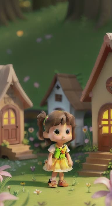  {Tiny, delicate houses made from petals and leaves, nestled among blooming wildflowers, with small, glowing fairies busying about., A young named Lily with brown hair in pigtails, wearing a bright yellow dress with red shoes, and holding a small lantern. She is curious and adventurous.