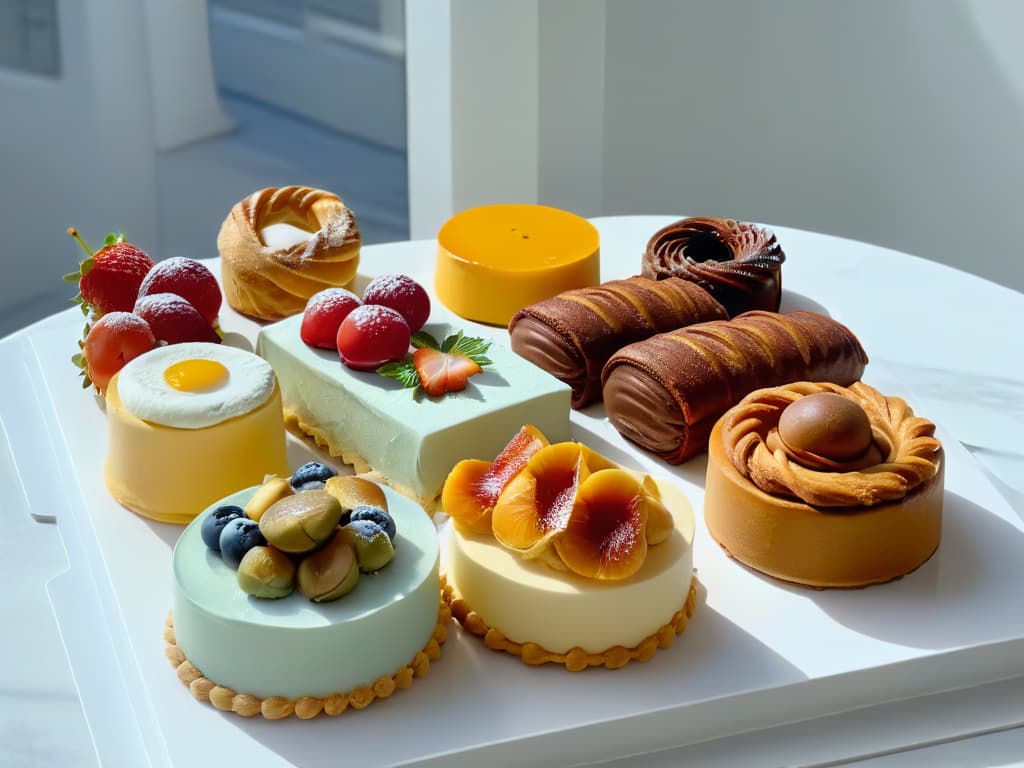  A minimalist image of a sleek, modern French patisserie showcasing an array of elegant pastries on a pristine white marble countertop, with soft natural light streaming in through a large window, casting a gentle glow on the delectable treats. Each pastry is meticulously crafted, displaying intricate details and delicate decorations, evoking a sense of artistry and sophistication. The color palette is muted and sophisticated, with soft pastel hues accentuating the beauty of the pastries against the clean, minimalist backdrop. hyperrealistic, full body, detailed clothing, highly detailed, cinematic lighting, stunningly beautiful, intricate, sharp focus, f/1. 8, 85mm, (centered image composition), (professionally color graded), ((bright soft diffused light)), volumetric fog, trending on instagram, trending on tumblr, HDR 4K, 8K