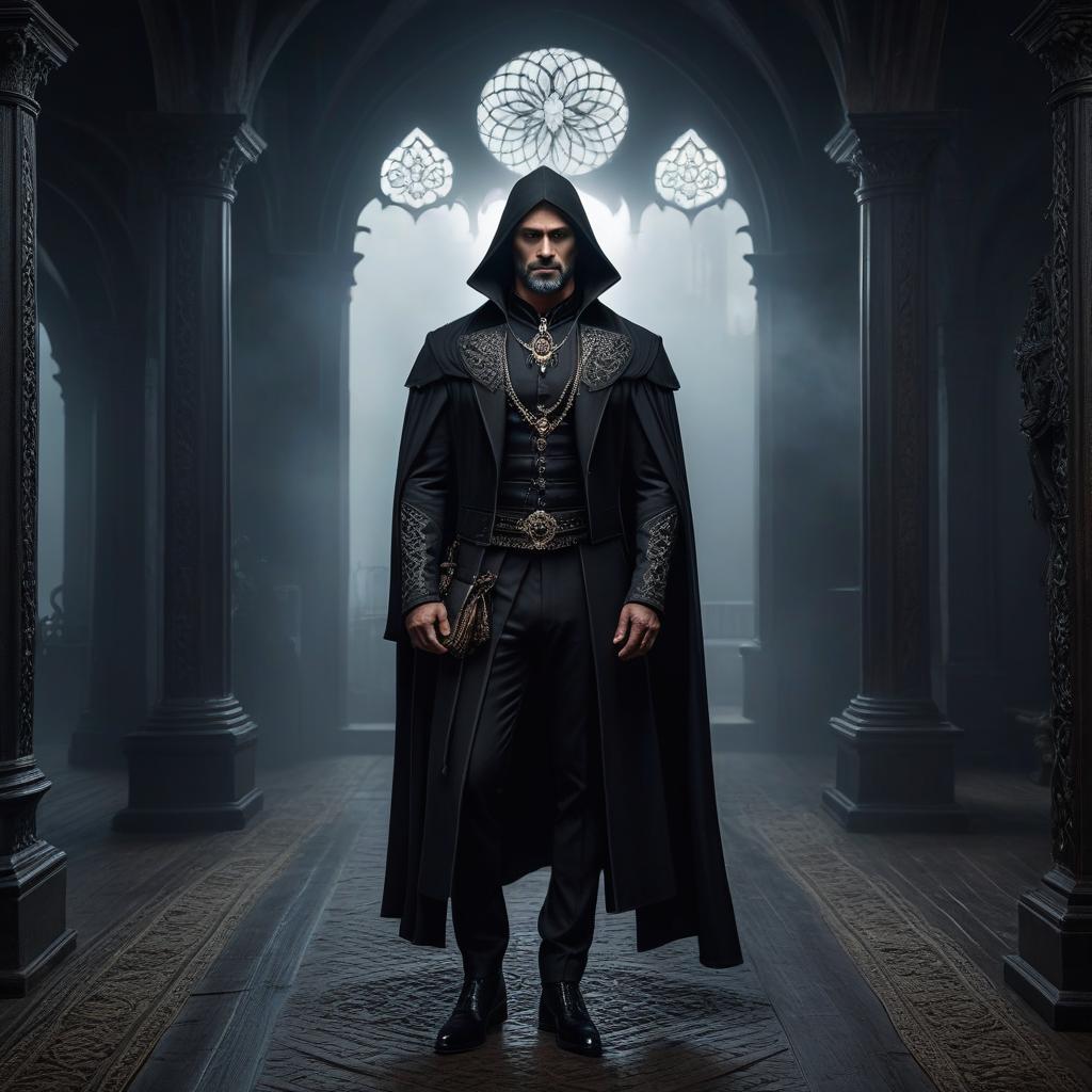  gothic style Portrait of a man, midjourney and digital painting . dark, mysterious, haunting, dramatic, ornate, detailed hyperrealistic, full body, detailed clothing, highly detailed, cinematic lighting, stunningly beautiful, intricate, sharp focus, f/1. 8, 85mm, (centered image composition), (professionally color graded), ((bright soft diffused light)), volumetric fog, trending on instagram, trending on tumblr, HDR 4K, 8K