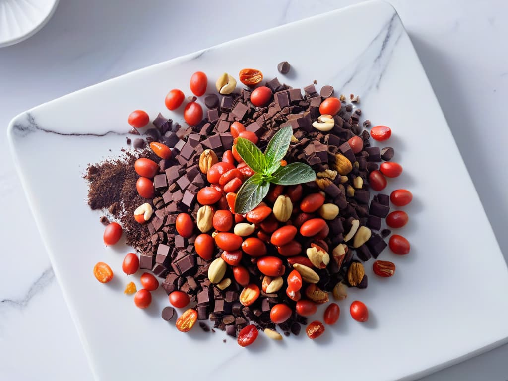  An ultradetailed closeup image of a pile of vibrant red goji berries surrounded by small heaps of contrasting ingredients like dark chocolate chunks, raw nuts, and fresh mint leaves on a sleek, white marble countertop. The textures of the ingredients are incredibly sharp and defined, showcasing the glossy sheen of the berries, the rough edges of the nuts, and the intricate patterns on the chocolate pieces. The lighting is soft, casting subtle shadows that add depth to the composition, making the colors pop against the clean background. hyperrealistic, full body, detailed clothing, highly detailed, cinematic lighting, stunningly beautiful, intricate, sharp focus, f/1. 8, 85mm, (centered image composition), (professionally color graded), ((bright soft diffused light)), volumetric fog, trending on instagram, trending on tumblr, HDR 4K, 8K