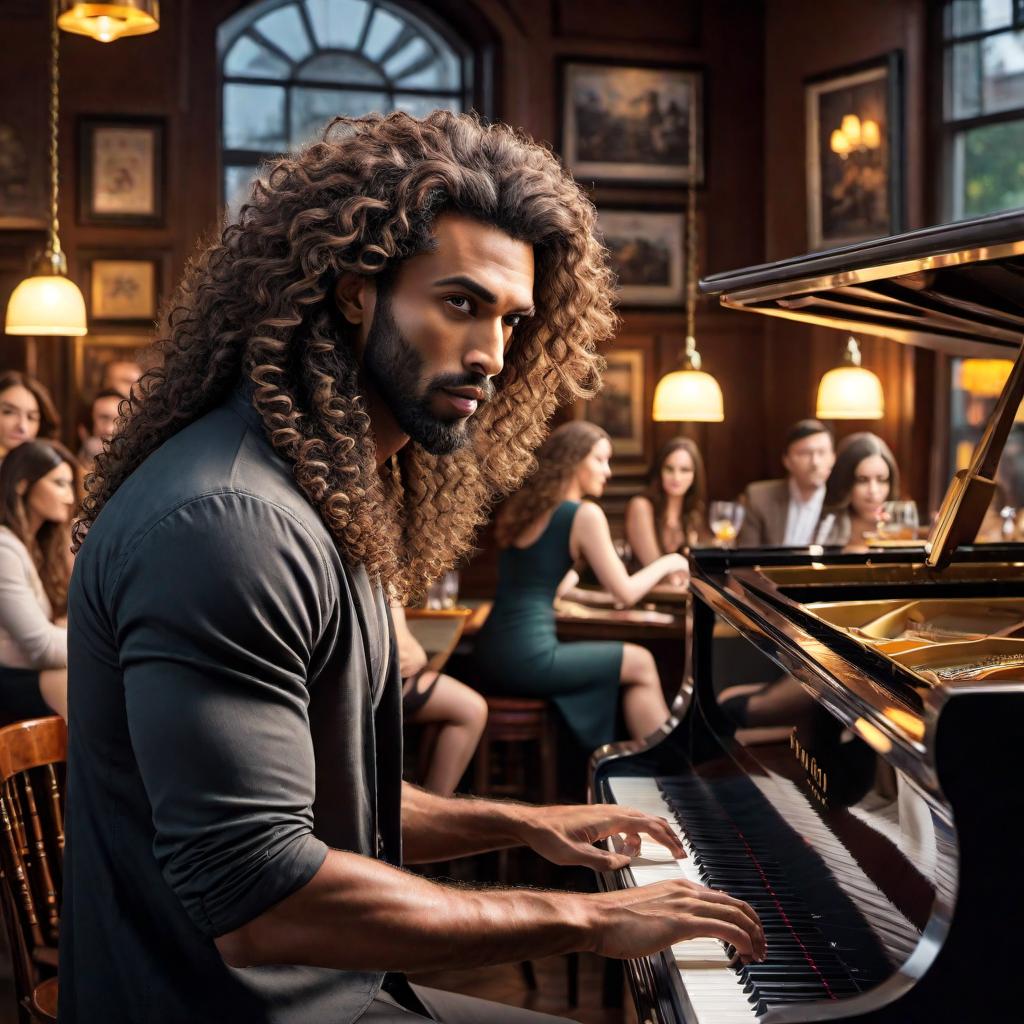  Draw a cartoon image of a man with a little facial growth and long spirally curly hair playing a piano in a lively pub full of hot young women. Include the word 'Twisted' at the top of the image in a funky, eye-catching font. hyperrealistic, full body, detailed clothing, highly detailed, cinematic lighting, stunningly beautiful, intricate, sharp focus, f/1. 8, 85mm, (centered image composition), (professionally color graded), ((bright soft diffused light)), volumetric fog, trending on instagram, trending on tumblr, HDR 4K, 8K