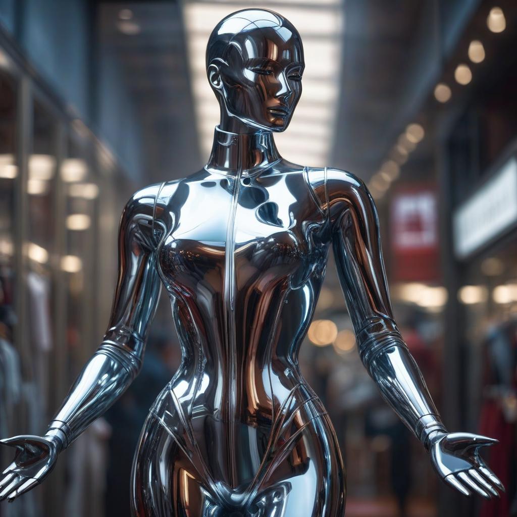  mannequin made of chrome plated metal hyperrealistic, full body, detailed clothing, highly detailed, cinematic lighting, stunningly beautiful, intricate, sharp focus, f/1. 8, 85mm, (centered image composition), (professionally color graded), ((bright soft diffused light)), volumetric fog, trending on instagram, trending on tumblr, HDR 4K, 8K