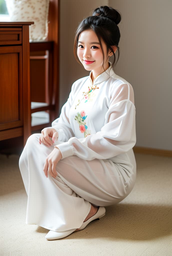  1 , tender smile, Ao Dai, bang hair, bun hair, big s, full body, ADVERTISING PHOTO,high quality, good proportion, masterpiece , The image is captured with an 8k camera and edited using the latest digital tools to produce a flawless final result.